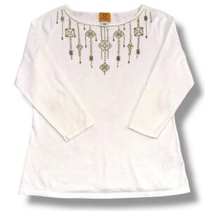 Ruby Rd Petite Womens Petite L Cream Beaded Embellished‎ Long Sleeve Top Size LP